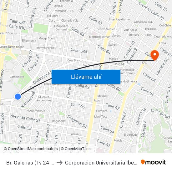 Br. Galerías (Tv 24 - Cl 53b) to Corporación Universitaria Iberoamericana map