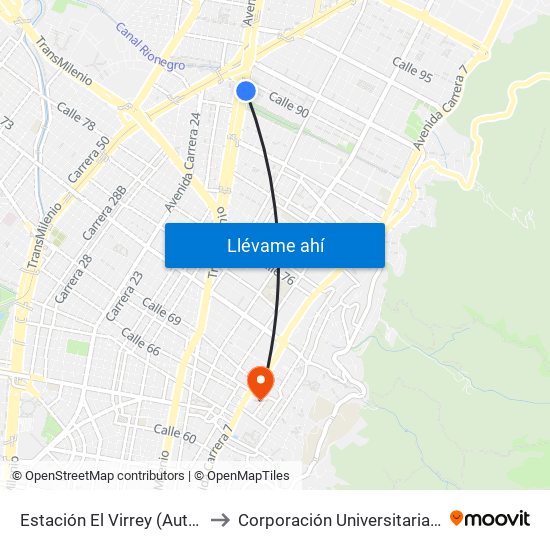 Estación El Virrey (Auto Norte - Cl 88) to Corporación Universitaria Iberoamericana map