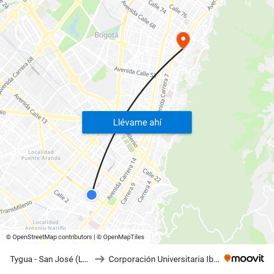 Tygua - San José (Lado Norte) to Corporación Universitaria Iberoamericana map