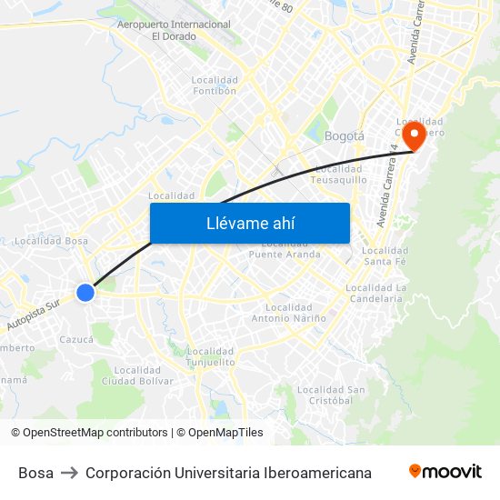 Bosa to Corporación Universitaria Iberoamericana map