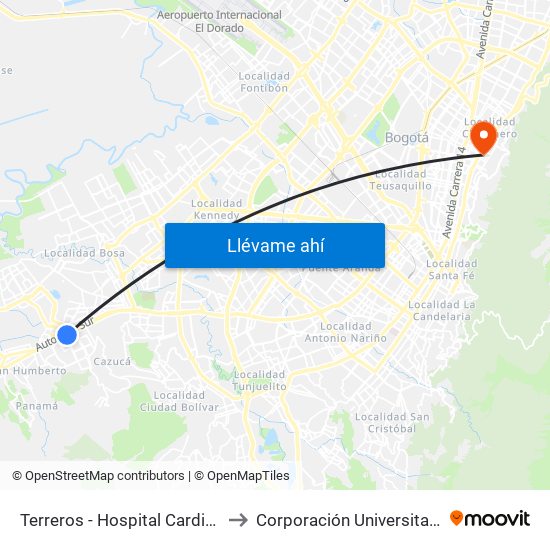 Terreros - Hospital Cardiovascular (Lado Sur) to Corporación Universitaria Iberoamericana map