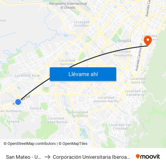 San Mateo - Unisur to Corporación Universitaria Iberoamericana map