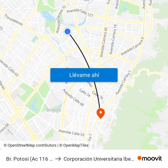 Br. Potosí (Ac 116 - Kr 70h) to Corporación Universitaria Iberoamericana map