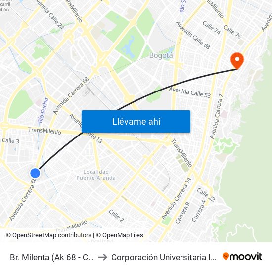 Br. Milenta (Ak 68 - Cl 15 Sur) (A) to Corporación Universitaria Iberoamericana map