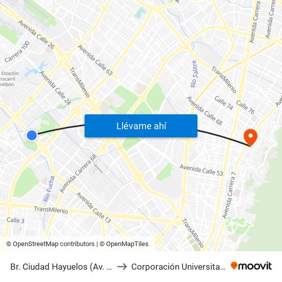 Br. Ciudad Hayuelos (Av. Centenario - Kr 78g) to Corporación Universitaria Iberoamericana map