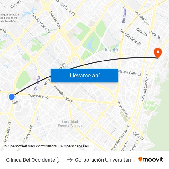 Clínica Del Occidente (Dg 5a - Kr 72 Bis) to Corporación Universitaria Iberoamericana map