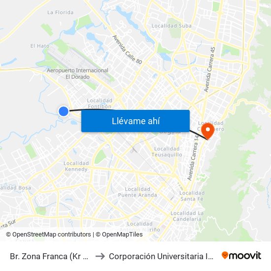 Br. Zona Franca (Kr 106 - Cl 14) to Corporación Universitaria Iberoamericana map