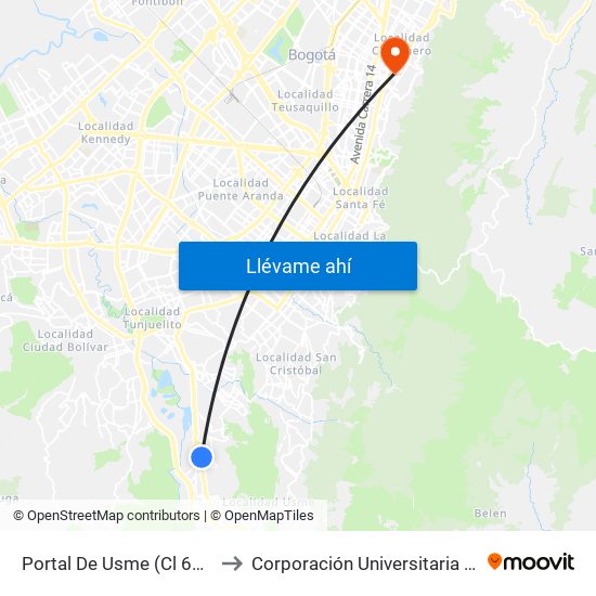 Portal De Usme (Cl 67d Sur - Kr 11) to Corporación Universitaria Iberoamericana map