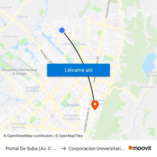 Portal De Suba (Av. C. De Cali - Cl 142) to Corporación Universitaria Iberoamericana map