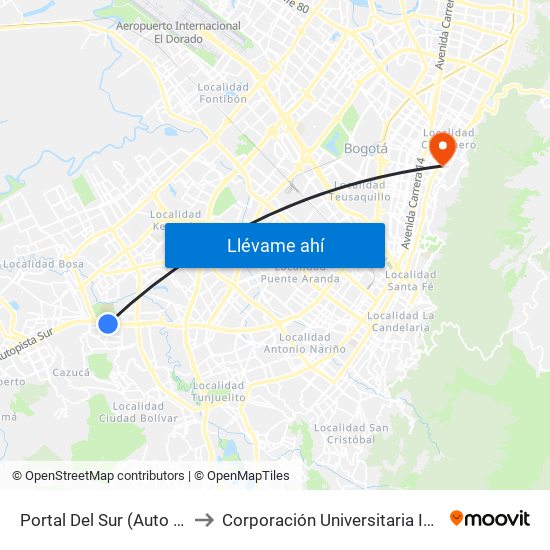 Portal Del Sur (Auto Sur - Kr 74) to Corporación Universitaria Iberoamericana map