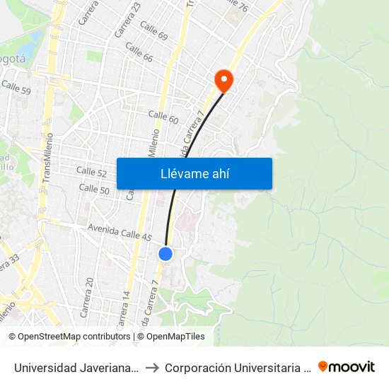 Universidad Javeriana (Ak 7 - Cl 43) to Corporación Universitaria Iberoamericana map