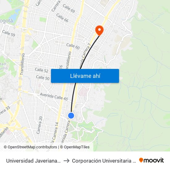 Universidad Javeriana (Ak 7 - Cl 40) to Corporación Universitaria Iberoamericana map