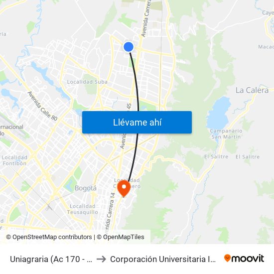 Uniagraria (Ac 170 - Kr 54a) (B) to Corporación Universitaria Iberoamericana map