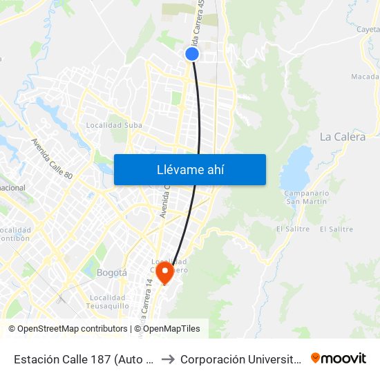 Estación Calle 187 (Auto Norte - Cl 187 Bis) (A) to Corporación Universitaria Iberoamericana map