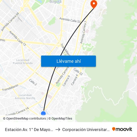 Estación Av. 1° De Mayo (Cl 17 Sur - Kr 9a) to Corporación Universitaria Iberoamericana map