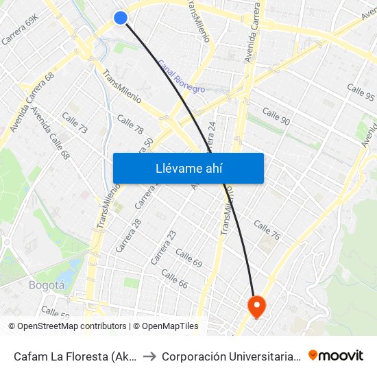Cafam La Floresta (Ak 68 - Cl 98) (A) to Corporación Universitaria Iberoamericana map