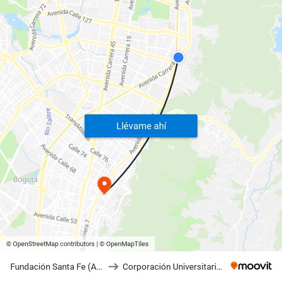 Fundación Santa Fe (Ak 7 - Cl 118) (B) to Corporación Universitaria Iberoamericana map