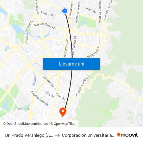 Br. Prado Veraniego (Ac 134 - Kr 49a) to Corporación Universitaria Iberoamericana map