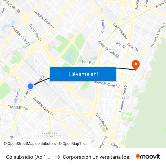 Colsubsidio (Ac 17 - Ak 68) to Corporación Universitaria Iberoamericana map