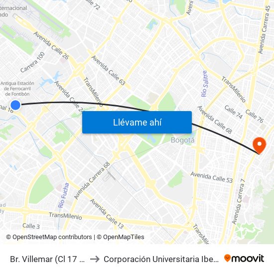 Br. Villemar (Cl 17 - Kr 96b) to Corporación Universitaria Iberoamericana map