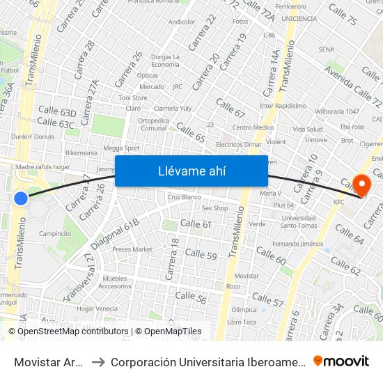 Movistar Arena to Corporación Universitaria Iberoamericana map