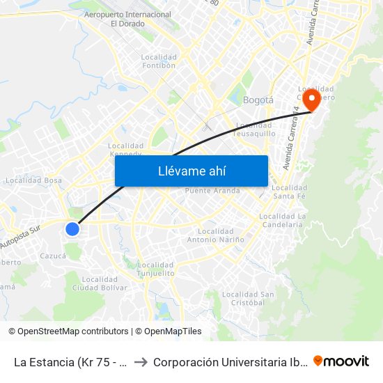 La Estancia (Kr 75 - Cl 59a Sur) to Corporación Universitaria Iberoamericana map