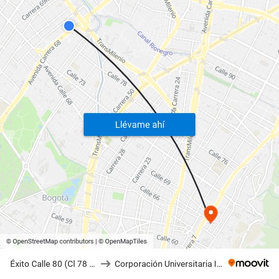 Éxito Calle 80 (Cl 78 Bis - Kr 68b) to Corporación Universitaria Iberoamericana map
