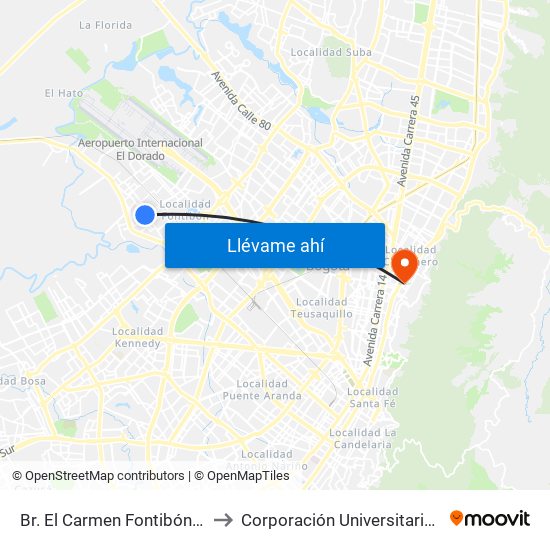 Br. El Carmen Fontibón (Cl 17 - Kr 100) to Corporación Universitaria Iberoamericana map