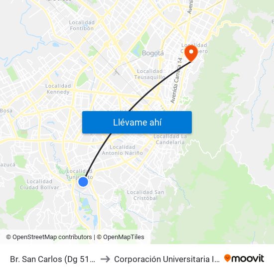 Br. San Carlos (Dg 51 Sur - Kr 18c) to Corporación Universitaria Iberoamericana map