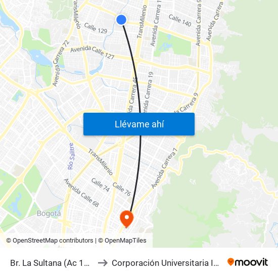 Br. La Sultana (Ac 134 - Kr 53b) to Corporación Universitaria Iberoamericana map