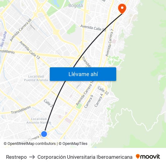 Restrepo to Corporación Universitaria Iberoamericana map