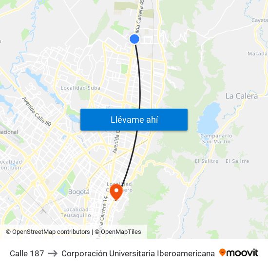 Calle 187 to Corporación Universitaria Iberoamericana map