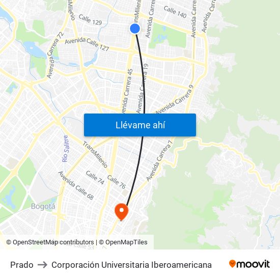 Prado to Corporación Universitaria Iberoamericana map