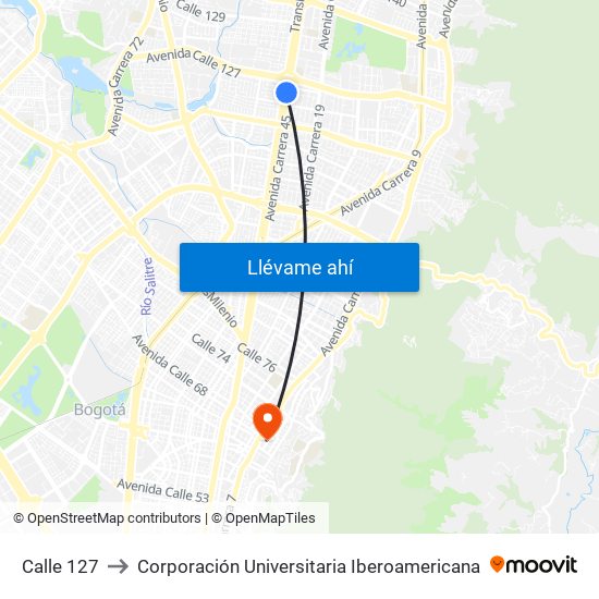 Calle 127 to Corporación Universitaria Iberoamericana map