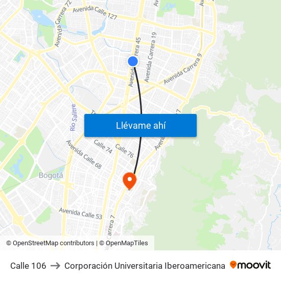 Calle 106 to Corporación Universitaria Iberoamericana map