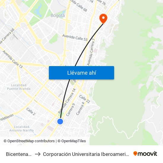 Bicentenario to Corporación Universitaria Iberoamericana map