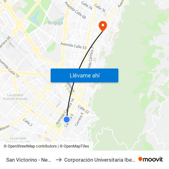 San Victorino - Neos Centro to Corporación Universitaria Iberoamericana map