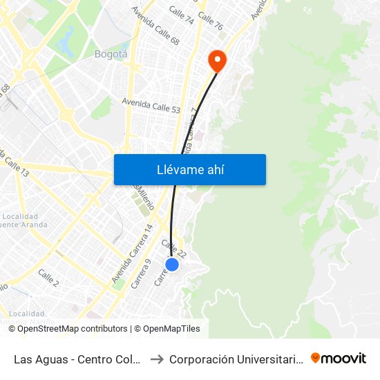 Las Aguas - Centro Colombo Americano to Corporación Universitaria Iberoamericana map