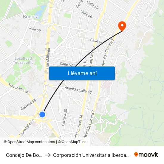 Concejo De Bogotá to Corporación Universitaria Iberoamericana map