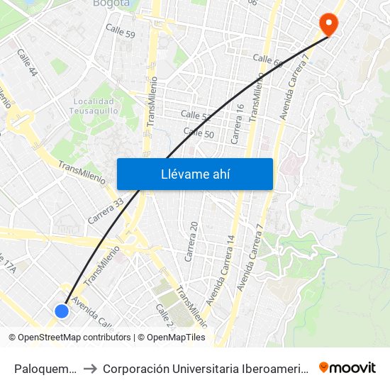 Paloquemao to Corporación Universitaria Iberoamericana map