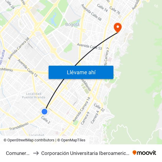 Comuneros to Corporación Universitaria Iberoamericana map