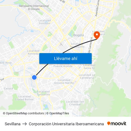 Sevillana to Corporación Universitaria Iberoamericana map