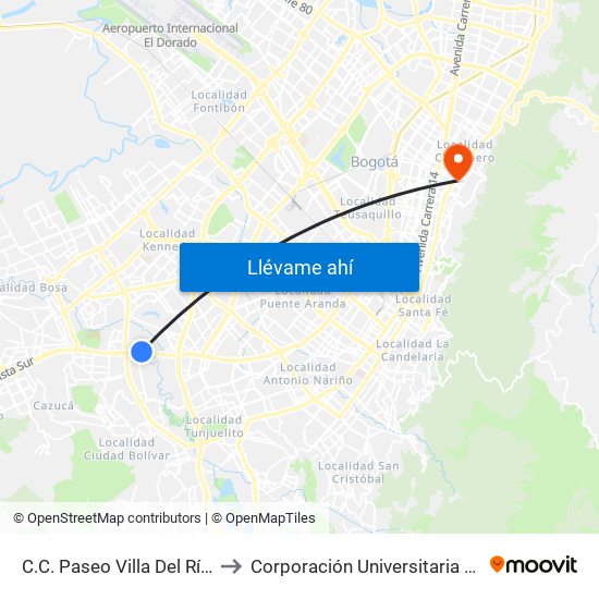 C.C. Paseo Villa Del Río - Madelena to Corporación Universitaria Iberoamericana map