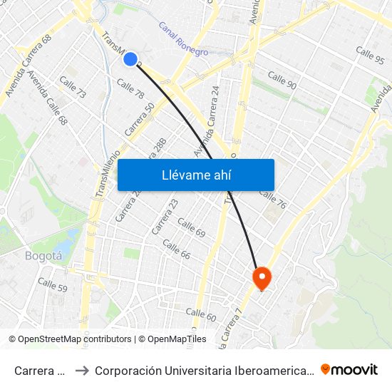 Carrera 47 to Corporación Universitaria Iberoamericana map