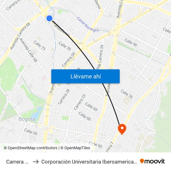 Carrera 53 to Corporación Universitaria Iberoamericana map