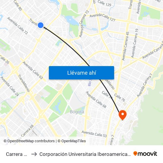 Carrera 90 to Corporación Universitaria Iberoamericana map