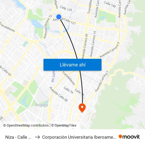 Niza - Calle 127 to Corporación Universitaria Iberoamericana map