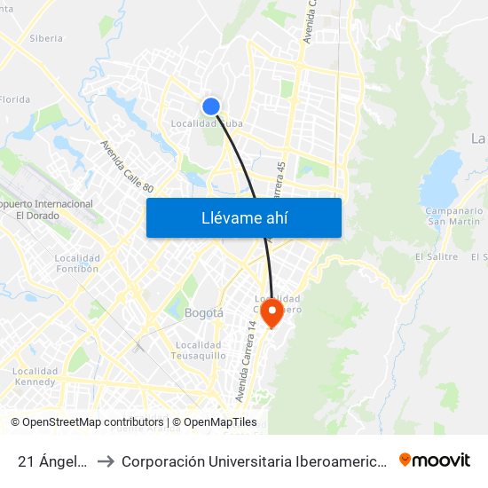 21 Ángeles to Corporación Universitaria Iberoamericana map