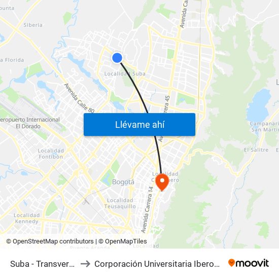 Suba - Transversal 91 to Corporación Universitaria Iberoamericana map