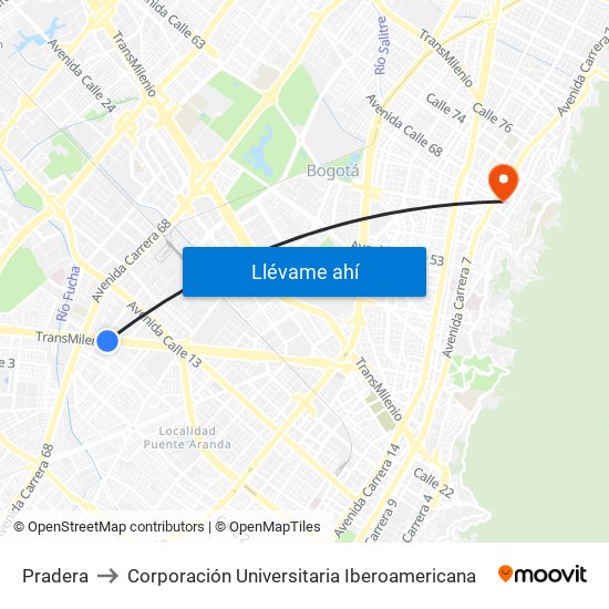 Pradera to Corporación Universitaria Iberoamericana map